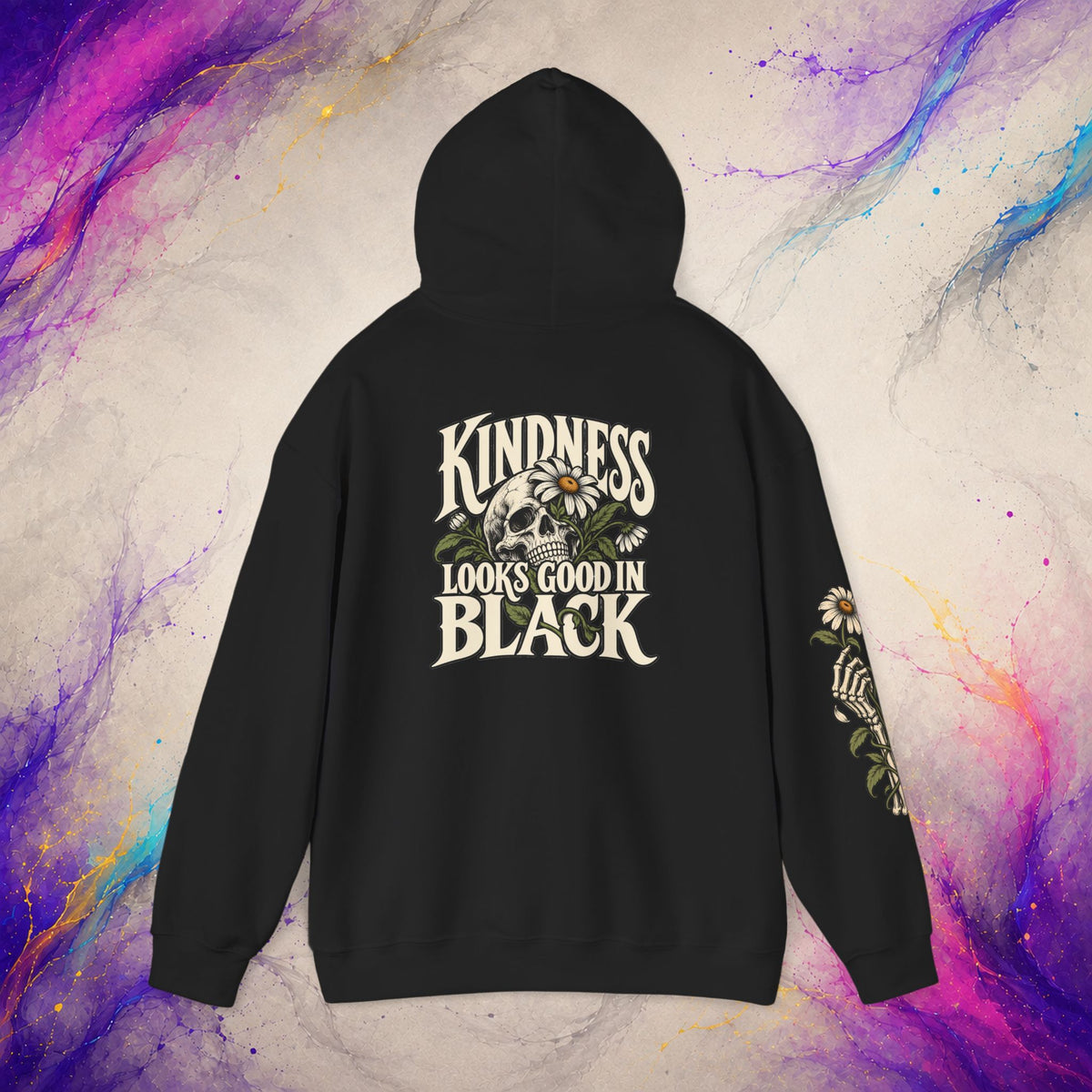 Kindness Looks Good In Black Pullover | Dark Floral Skull Hoodie