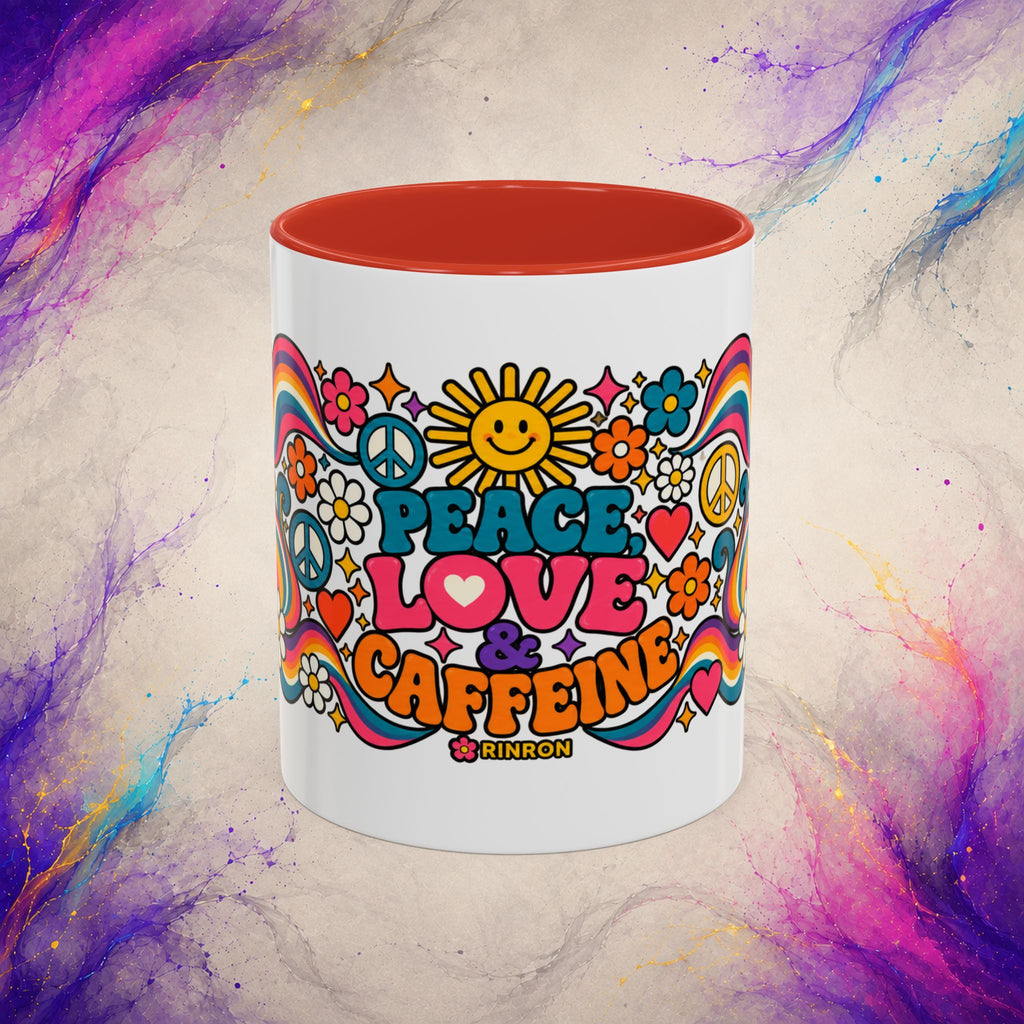 Peace Love & Caffeine Mug | Retro Hippie Coffee Cup