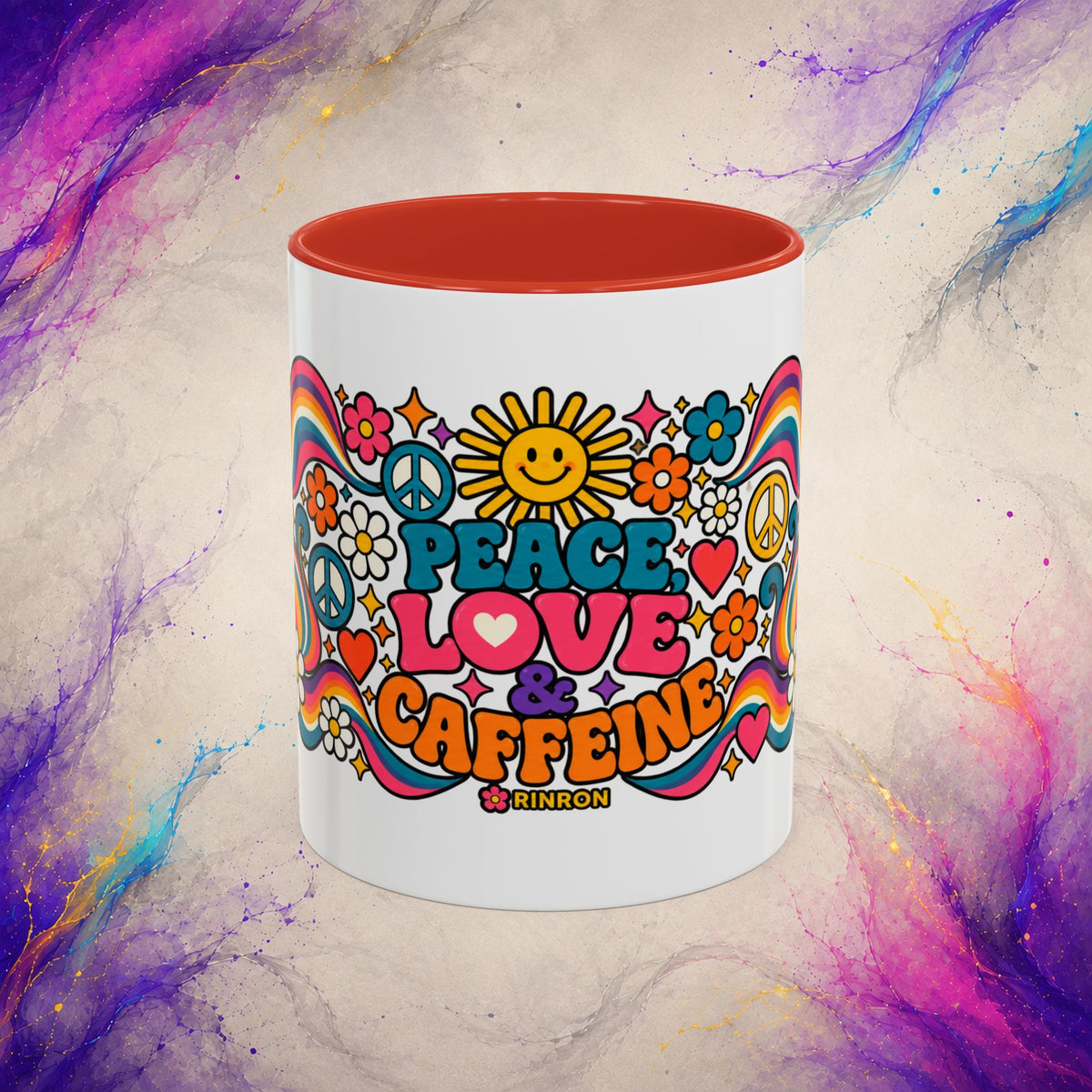Peace Love & Caffeine Mug | Retro Hippie Coffee Cup