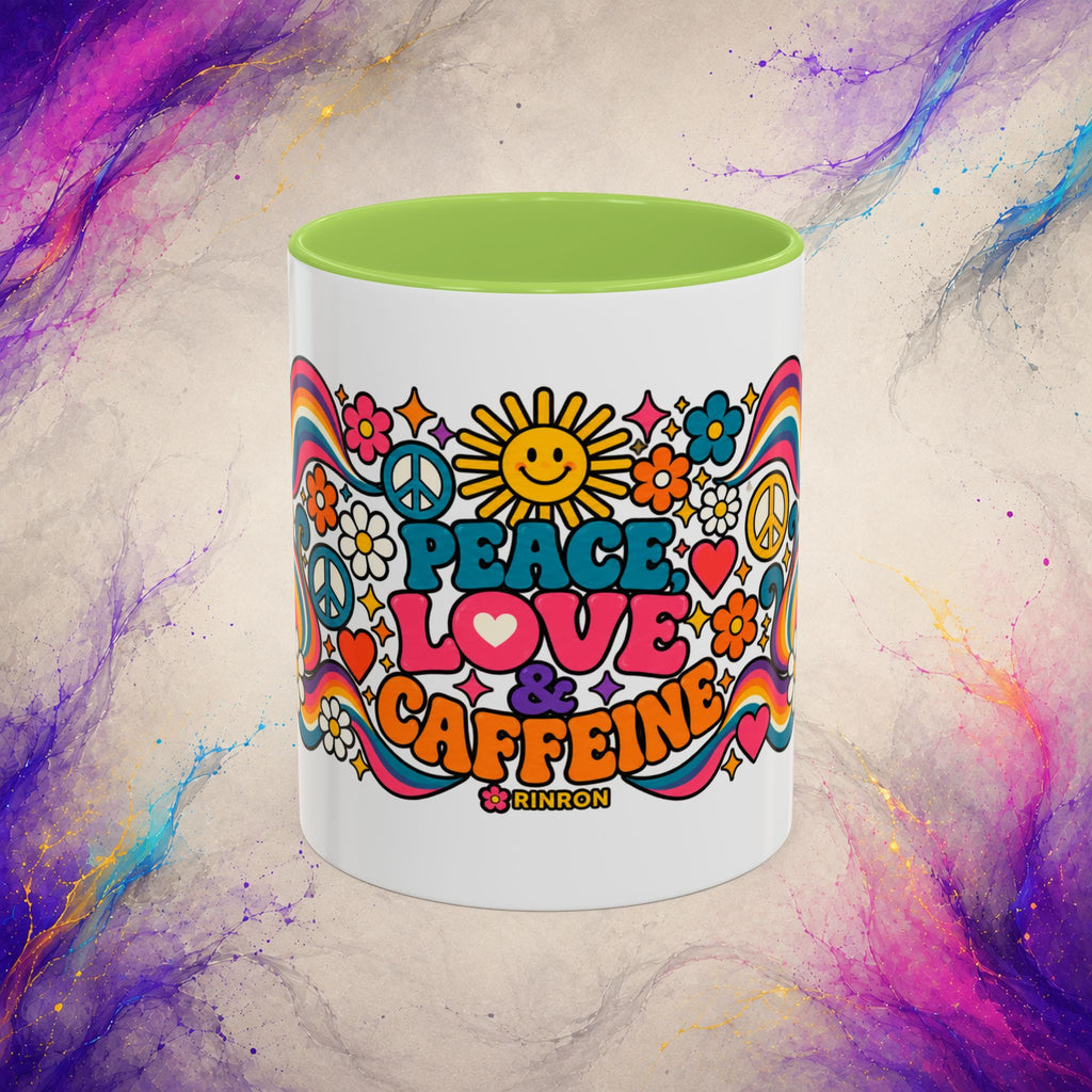 Peace Love & Caffeine Mug | Retro Hippie Coffee Cup