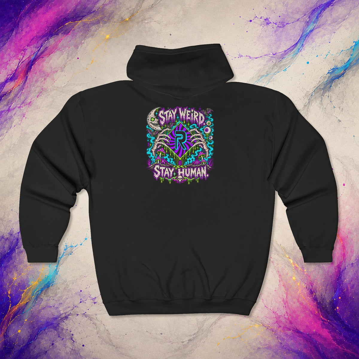 Stay Weird. Stay Human. Zip-Up | RINRON Original Graphic Hoodie
