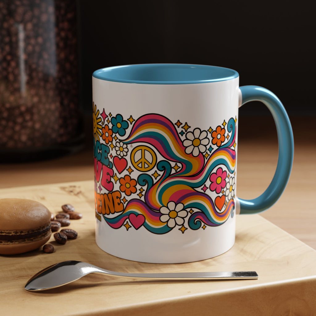 Peace Love & Caffeine Mug | Retro Hippie Coffee Cup