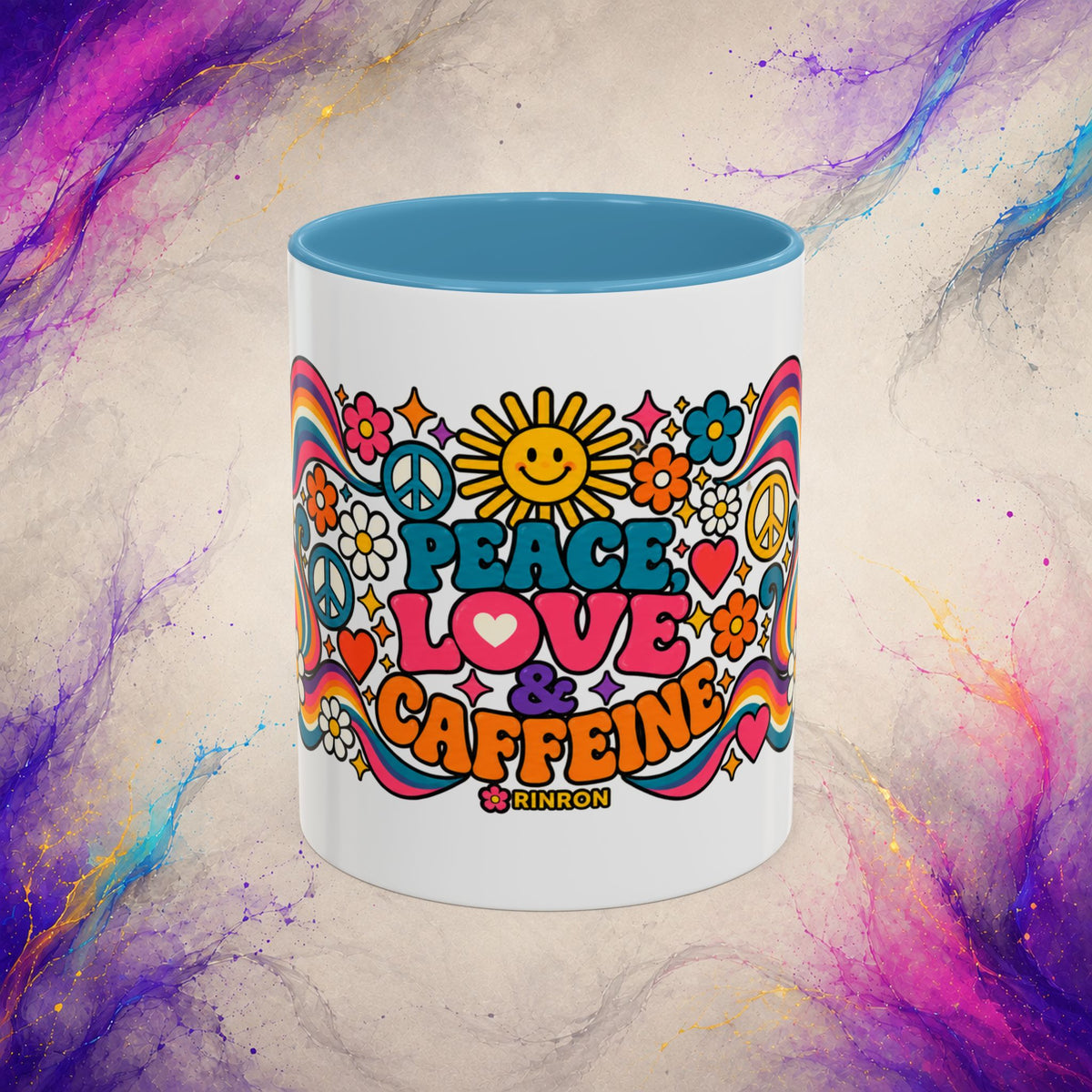 Peace Love & Caffeine Mug | Retro Hippie Coffee Cup
