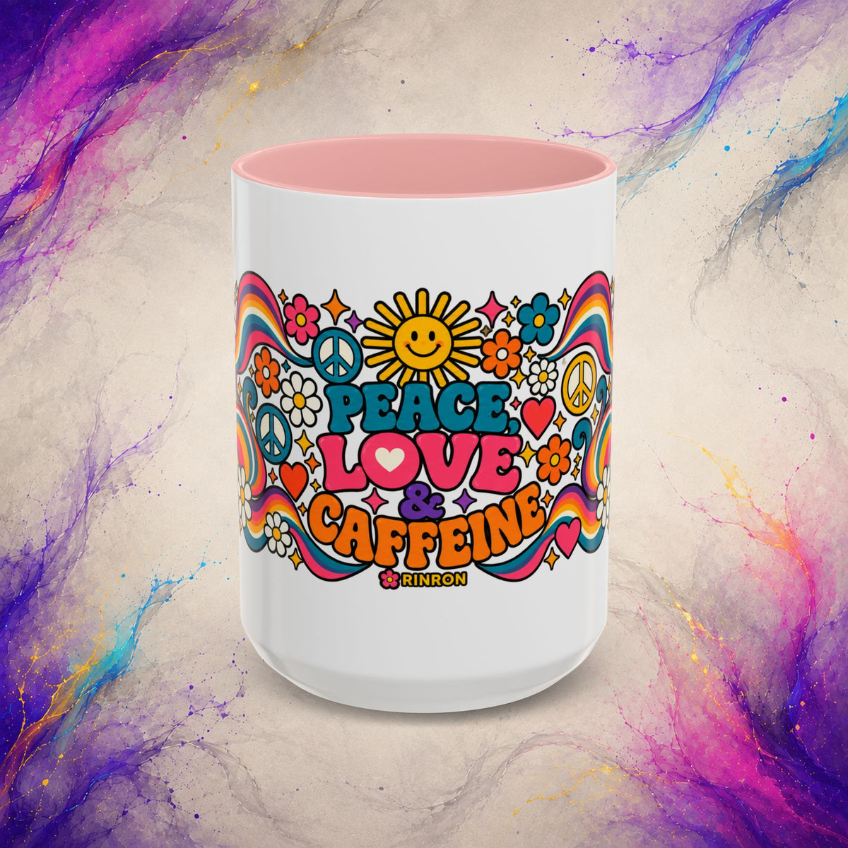 Peace Love & Caffeine Mug | Retro Hippie Coffee Cup