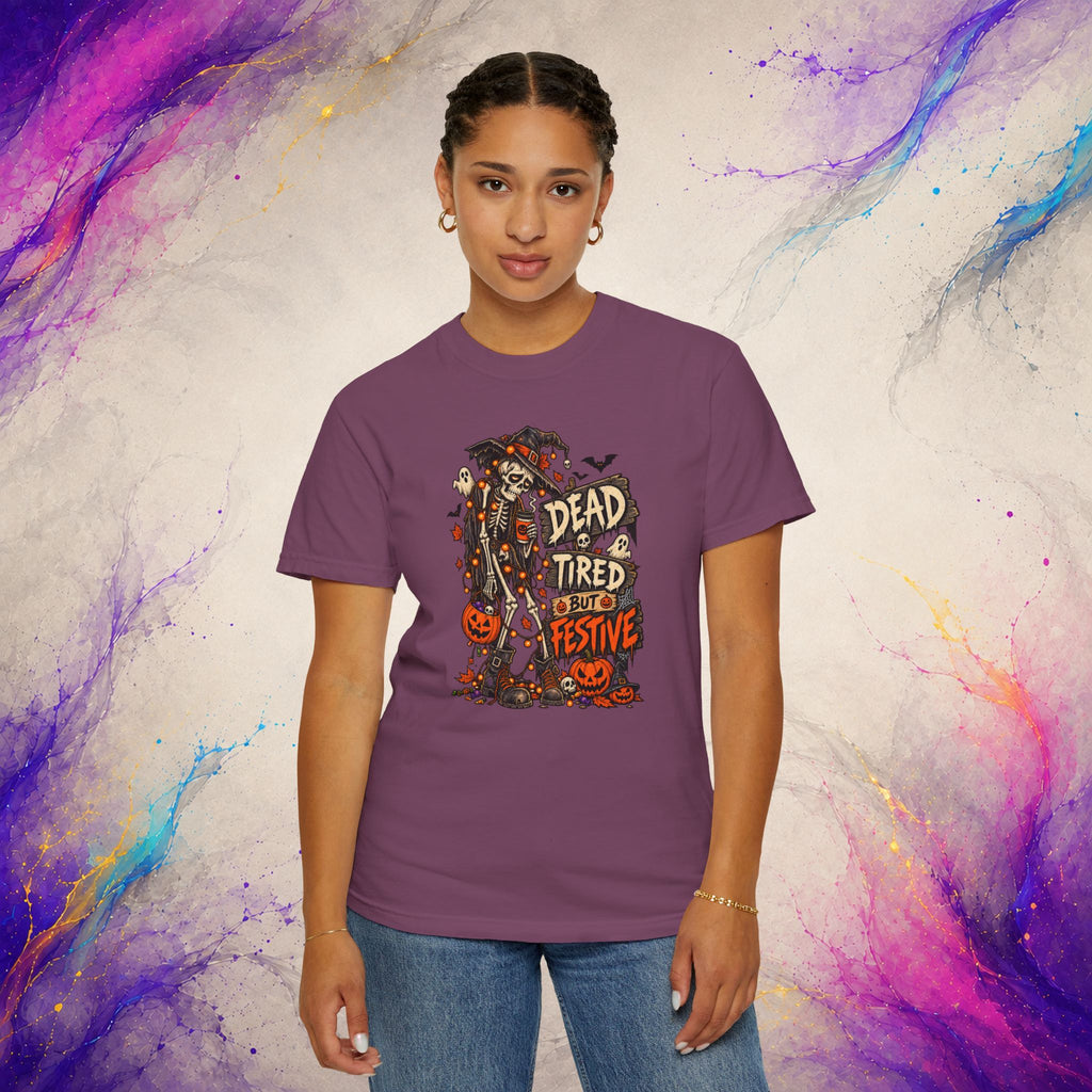 Dead Tired But Festive Tee | Halloween Funny Skeleton Shirt