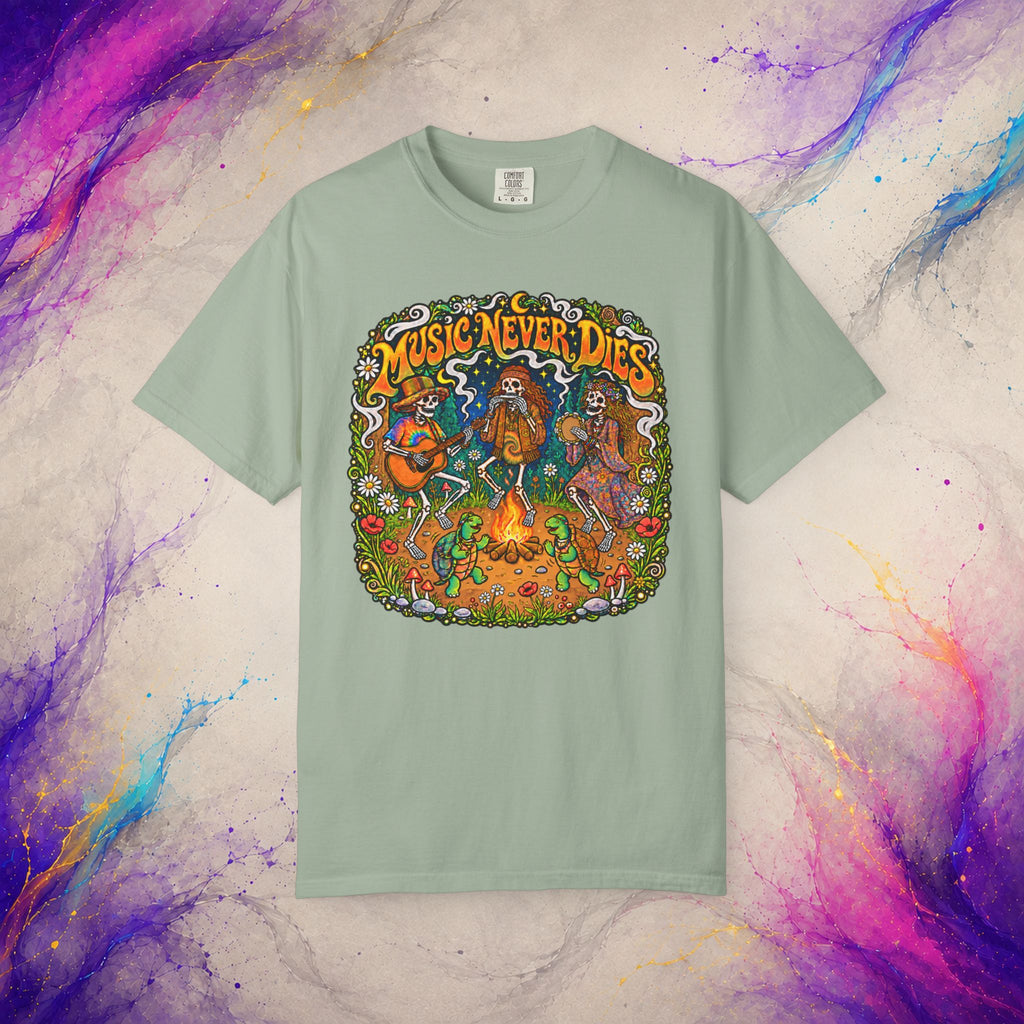 Music Never Dies Tee | Psychedelic Skeleton Campfire T-Shirt