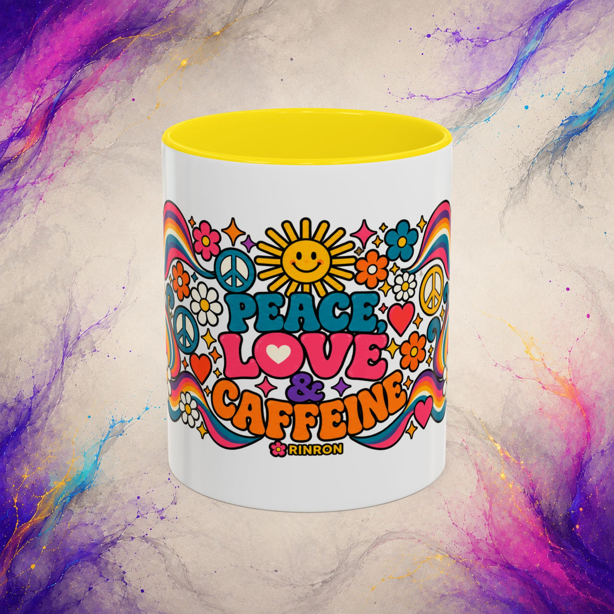 Peace Love & Caffeine Mug | Retro Hippie Coffee Cup