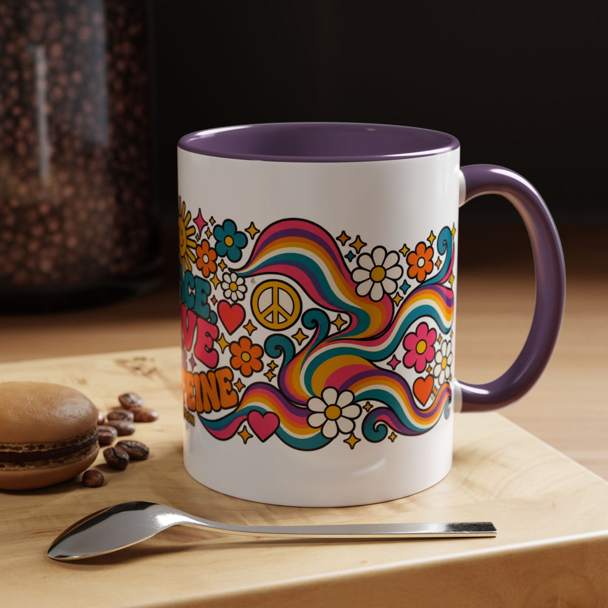 Peace Love & Caffeine Mug | Retro Hippie Coffee Cup