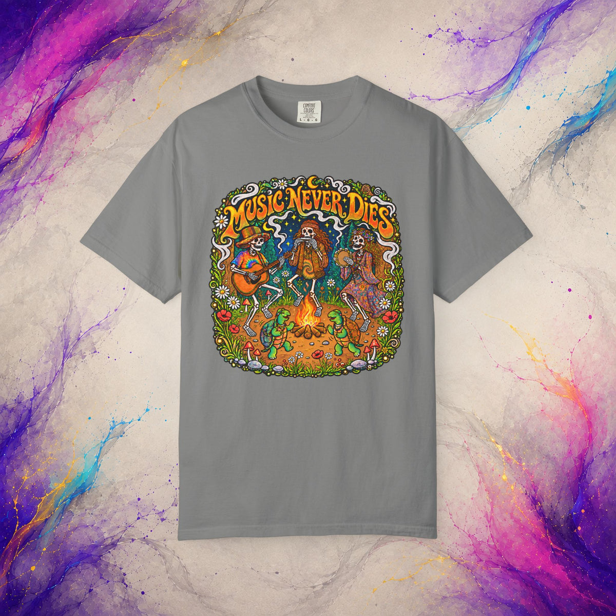Music Never Dies Tee | Psychedelic Skeleton Campfire T-Shirt