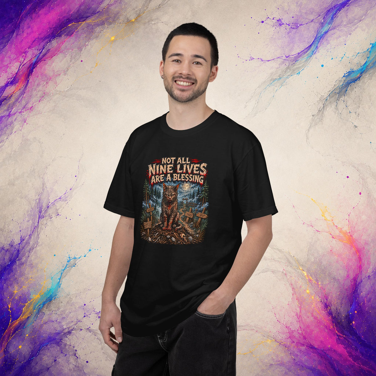 Not All Nine Lives Are a Blessing T-Shirt | Cursed Cat Horror Tee