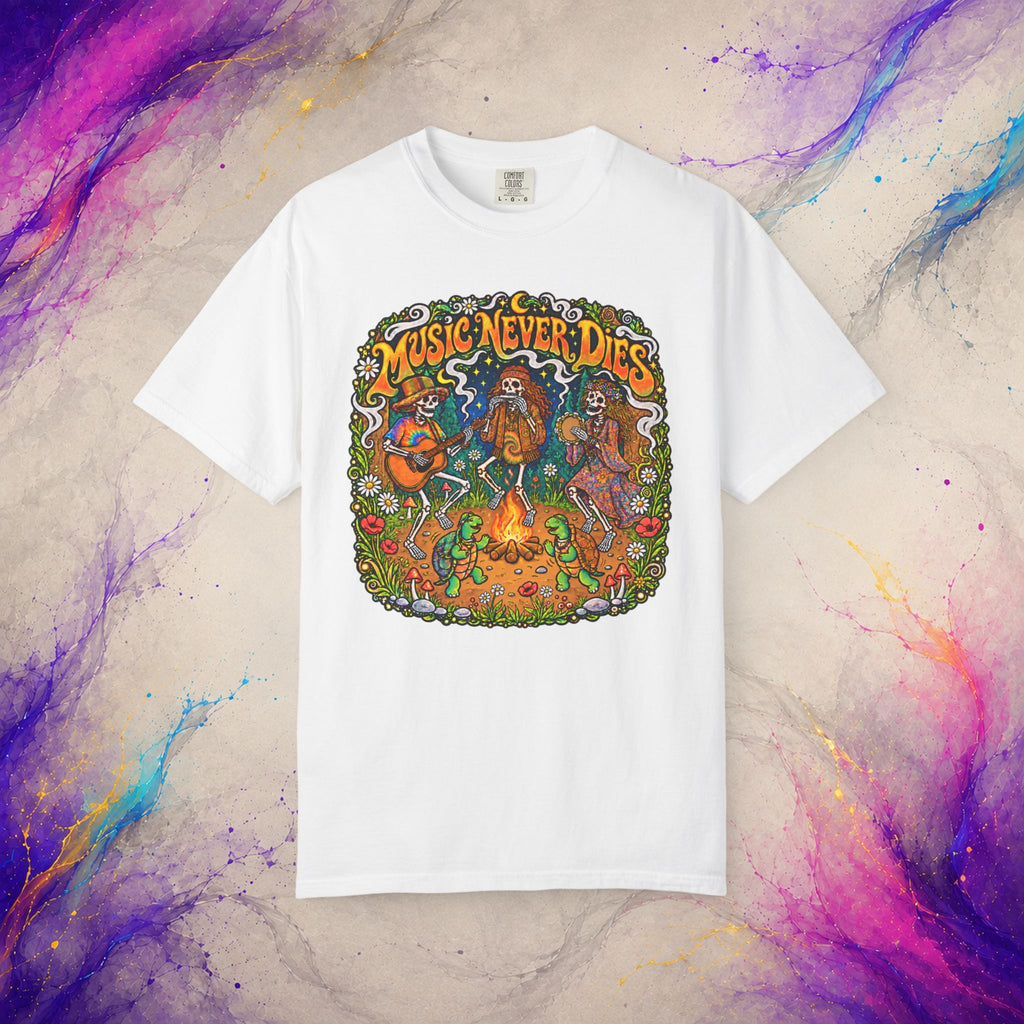Music Never Dies Tee | Psychedelic Skeleton Campfire T-Shirt
