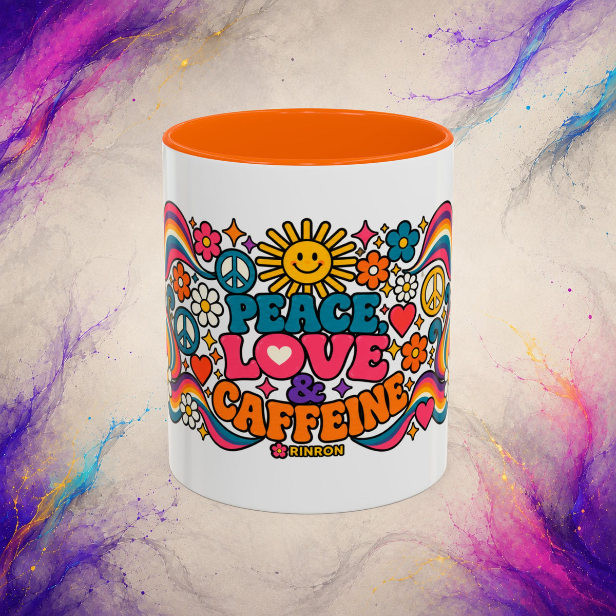 Peace Love & Caffeine Mug | Retro Hippie Coffee Cup