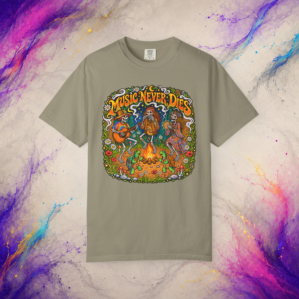 Music Never Dies Tee | Psychedelic Skeleton Campfire T-Shirt