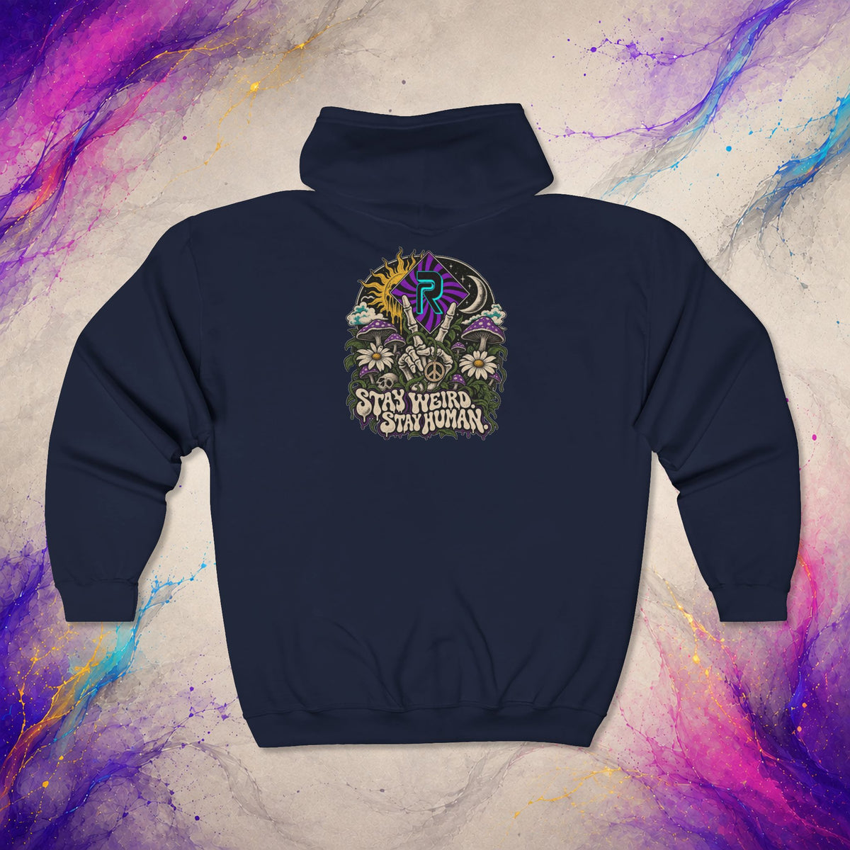 Stay Weird. Stay Human. Zip-Up | RINRON Retro Psychedelic Hoodie