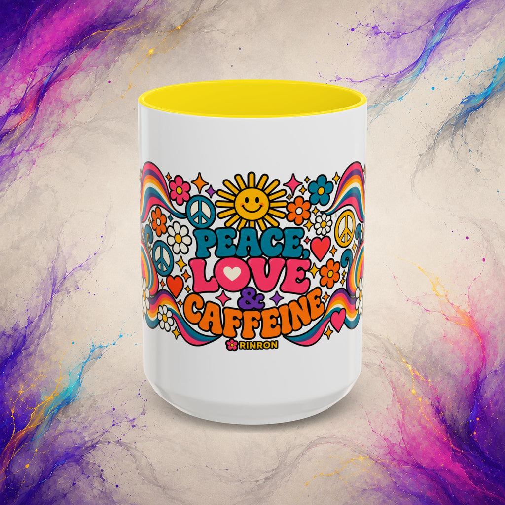 Peace Love & Caffeine Mug | Retro Hippie Coffee Cup