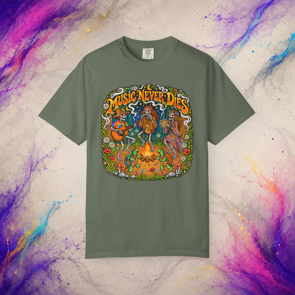 Music Never Dies Tee | Psychedelic Skeleton Campfire T-Shirt