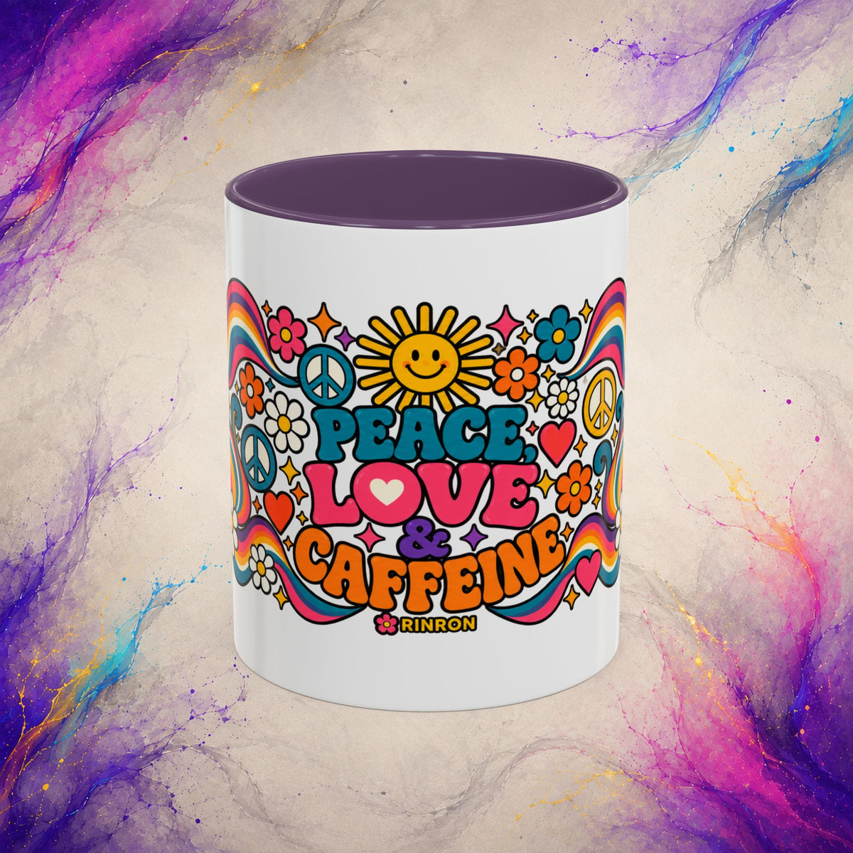 Peace Love & Caffeine Mug | Retro Hippie Coffee Cup