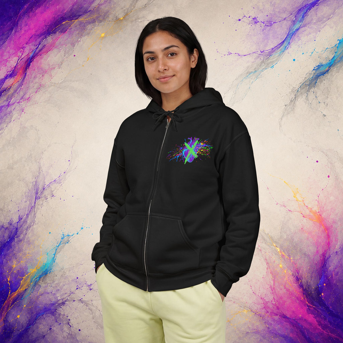 Cross My Neon Heart Zip-Up | Colorful Abstract Art Hoodie