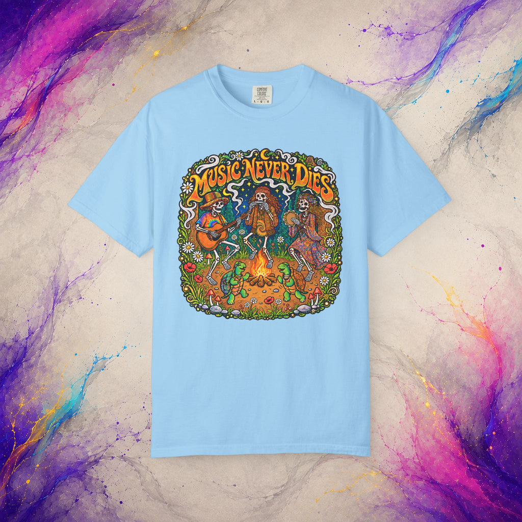 Music Never Dies Tee | Psychedelic Skeleton Campfire T-Shirt