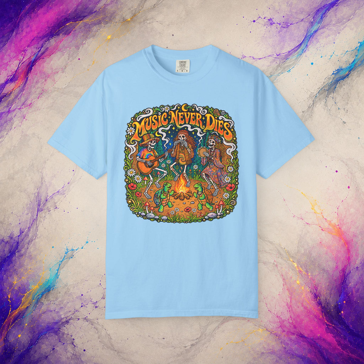 Music Never Dies Tee | Psychedelic Skeleton Campfire T-Shirt