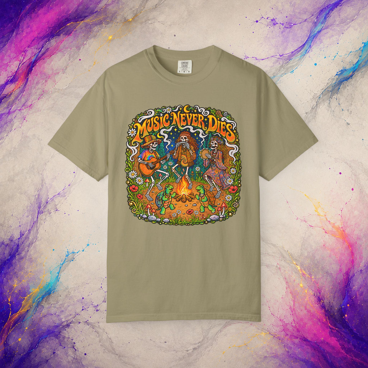 Music Never Dies Tee | Psychedelic Skeleton Campfire T-Shirt