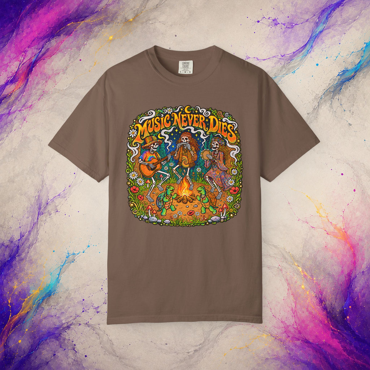 Music Never Dies Tee | Psychedelic Skeleton Campfire T-Shirt