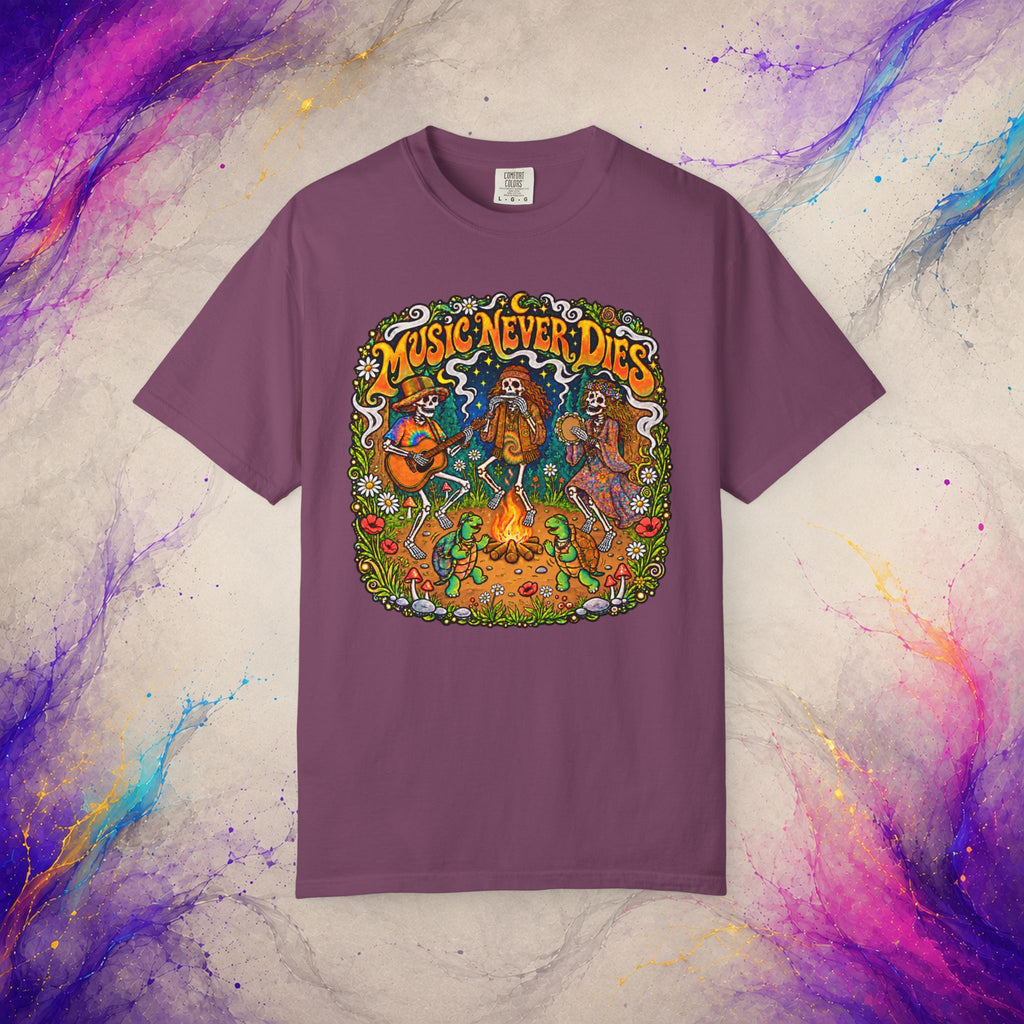 Music Never Dies Tee | Psychedelic Skeleton Campfire T-Shirt