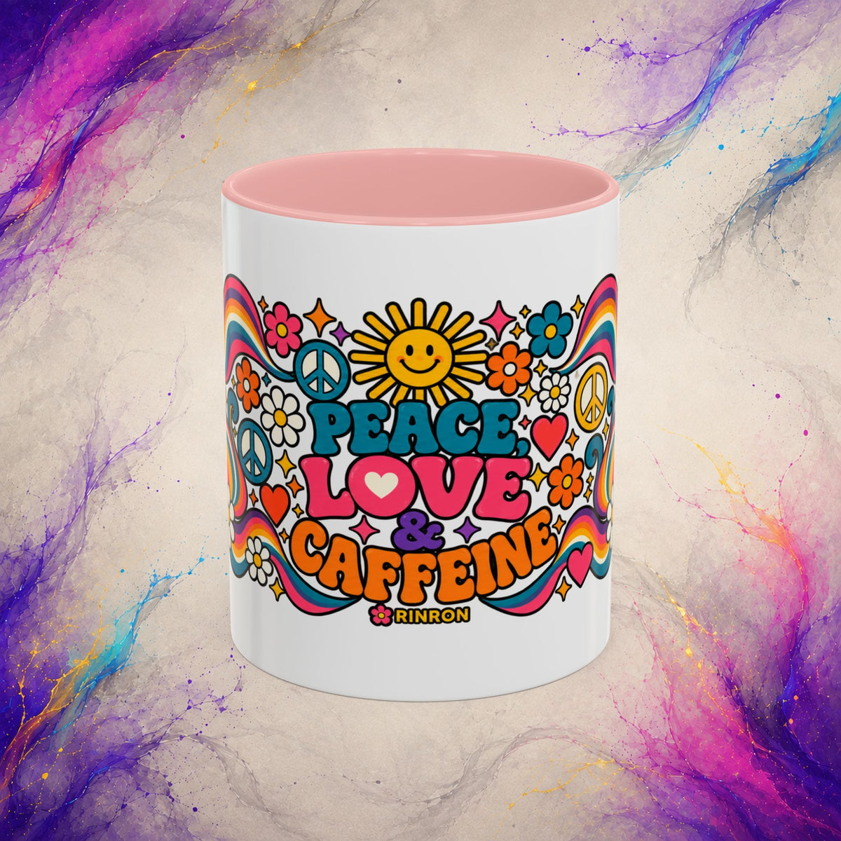 Peace Love & Caffeine Mug | Retro Hippie Coffee Cup