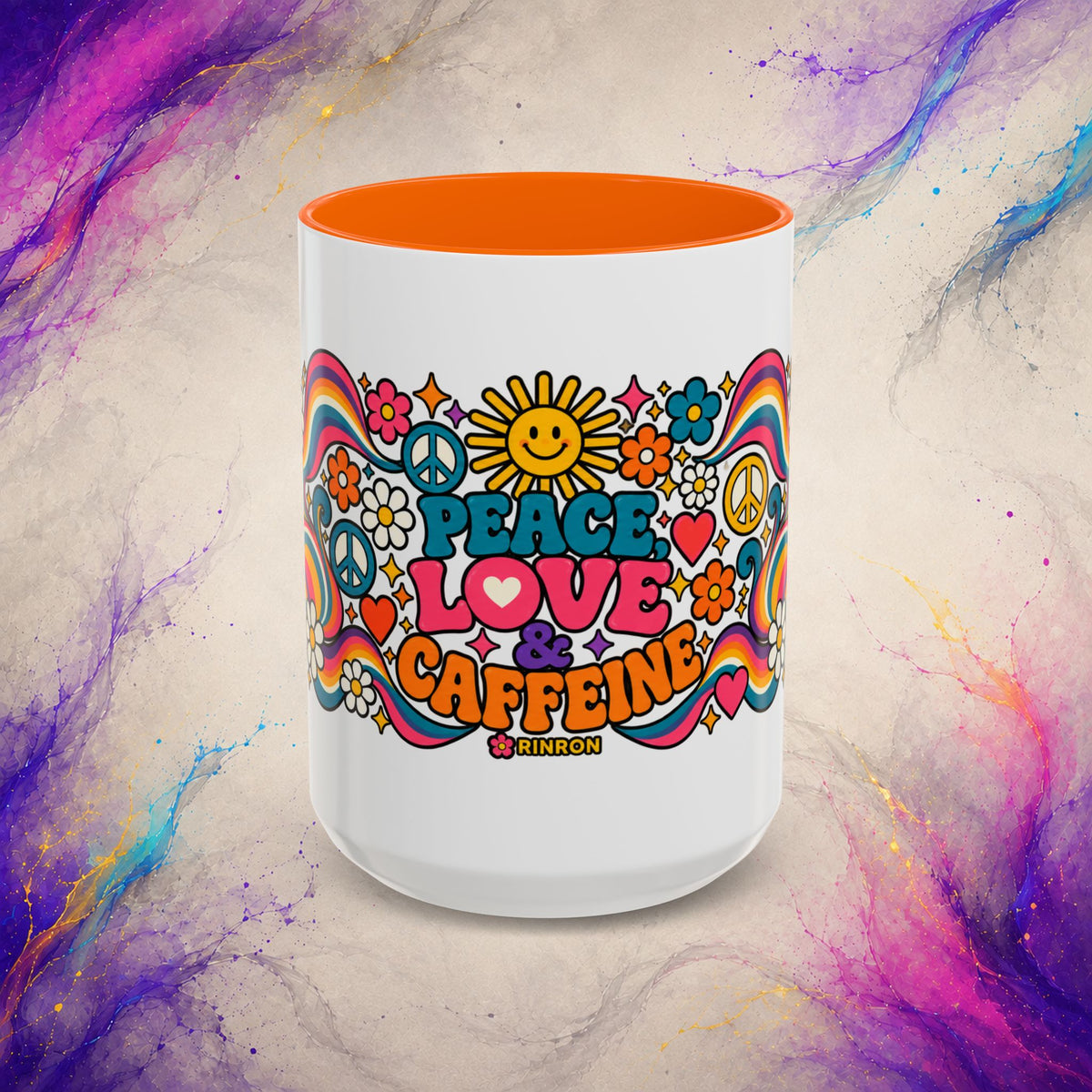 Peace Love & Caffeine Mug | Retro Hippie Coffee Cup