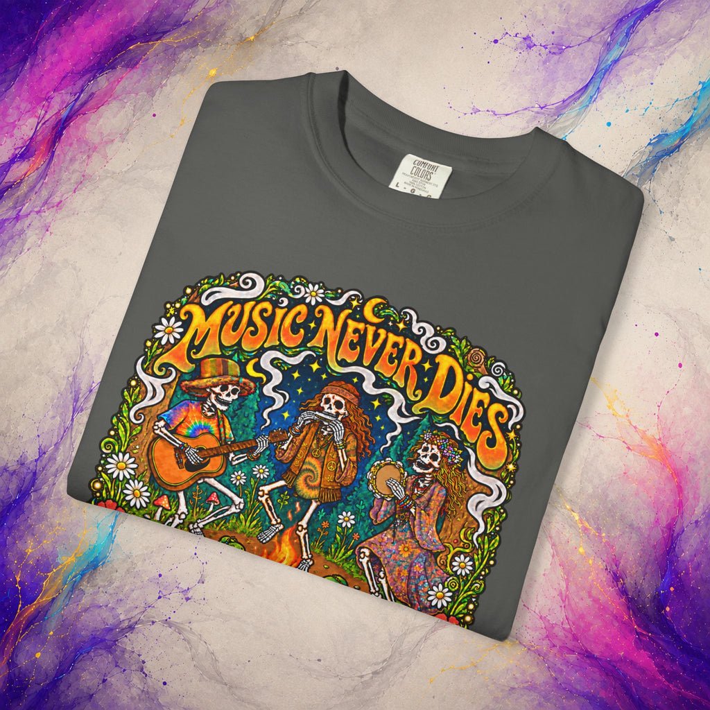 Music Never Dies Tee | Psychedelic Skeleton Campfire T-Shirt