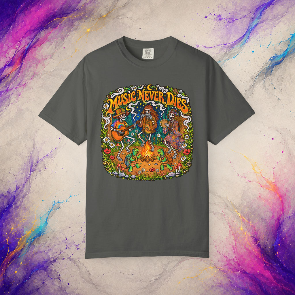 Music Never Dies Tee | Psychedelic Skeleton Campfire T-Shirt