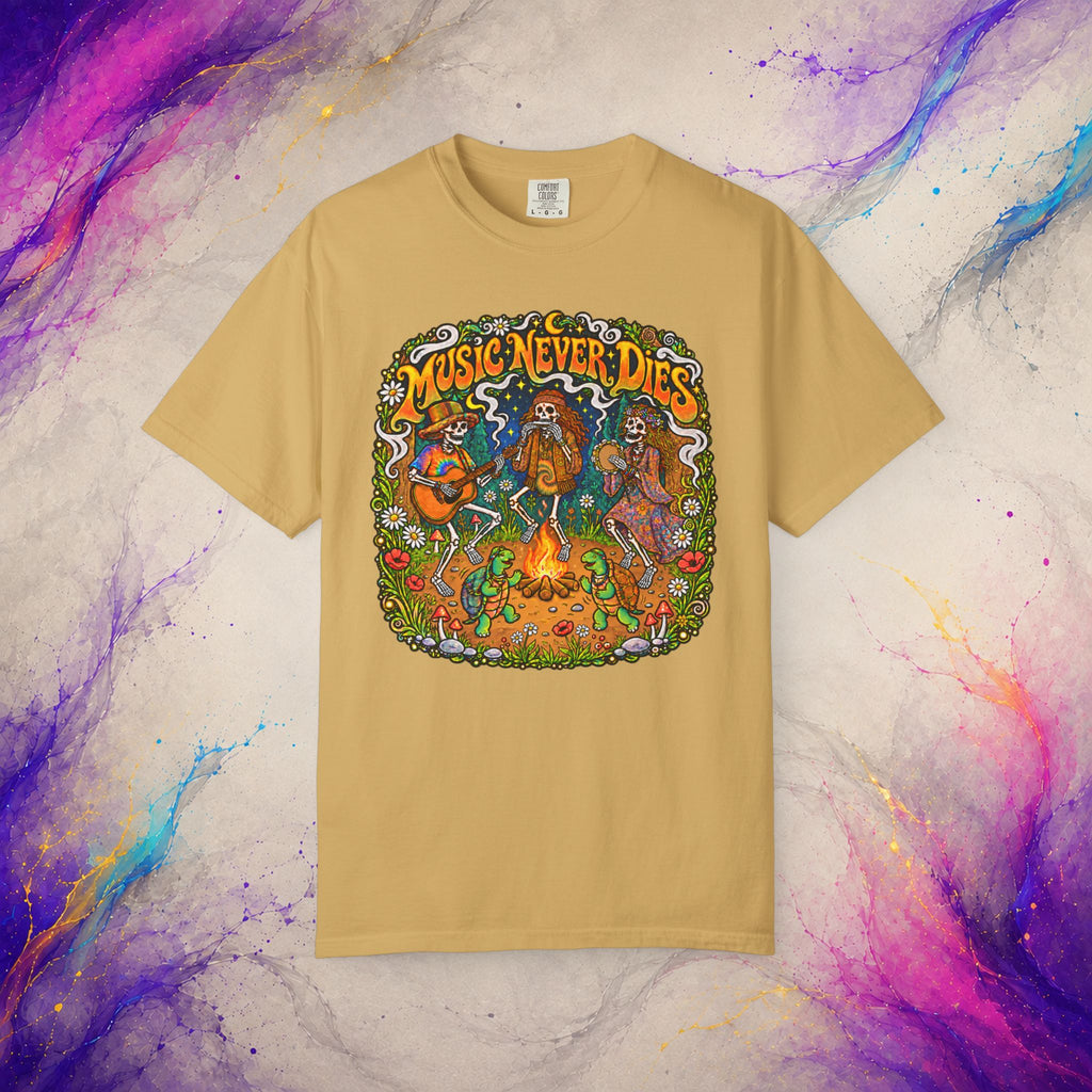 Music Never Dies Tee | Psychedelic Skeleton Campfire T-Shirt