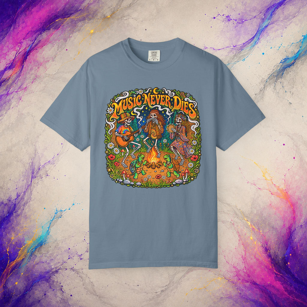 Music Never Dies Tee | Psychedelic Skeleton Campfire T-Shirt