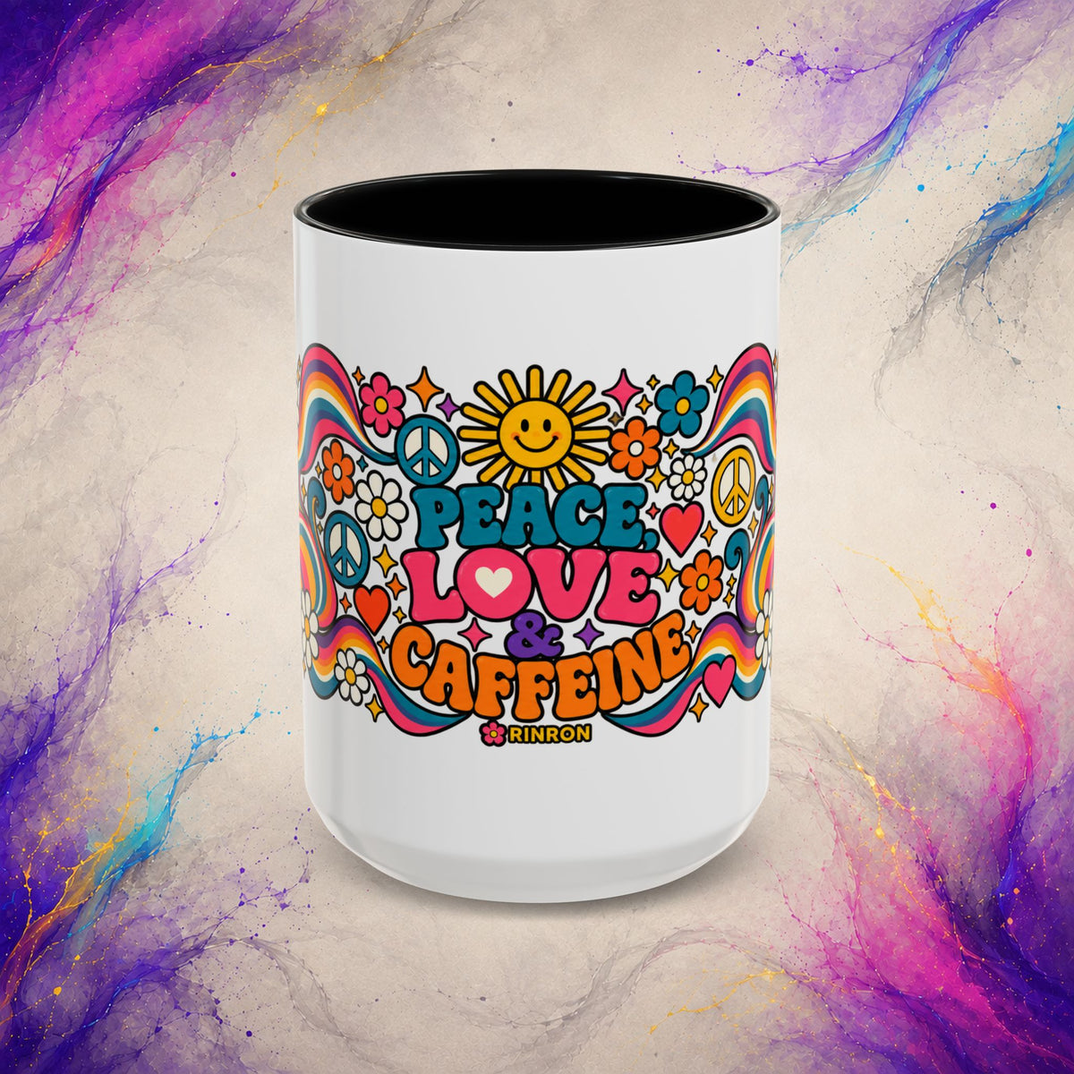 Peace Love & Caffeine Mug | Retro Hippie Coffee Cup