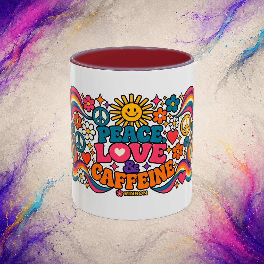 Peace Love & Caffeine Mug | Retro Hippie Coffee Cup