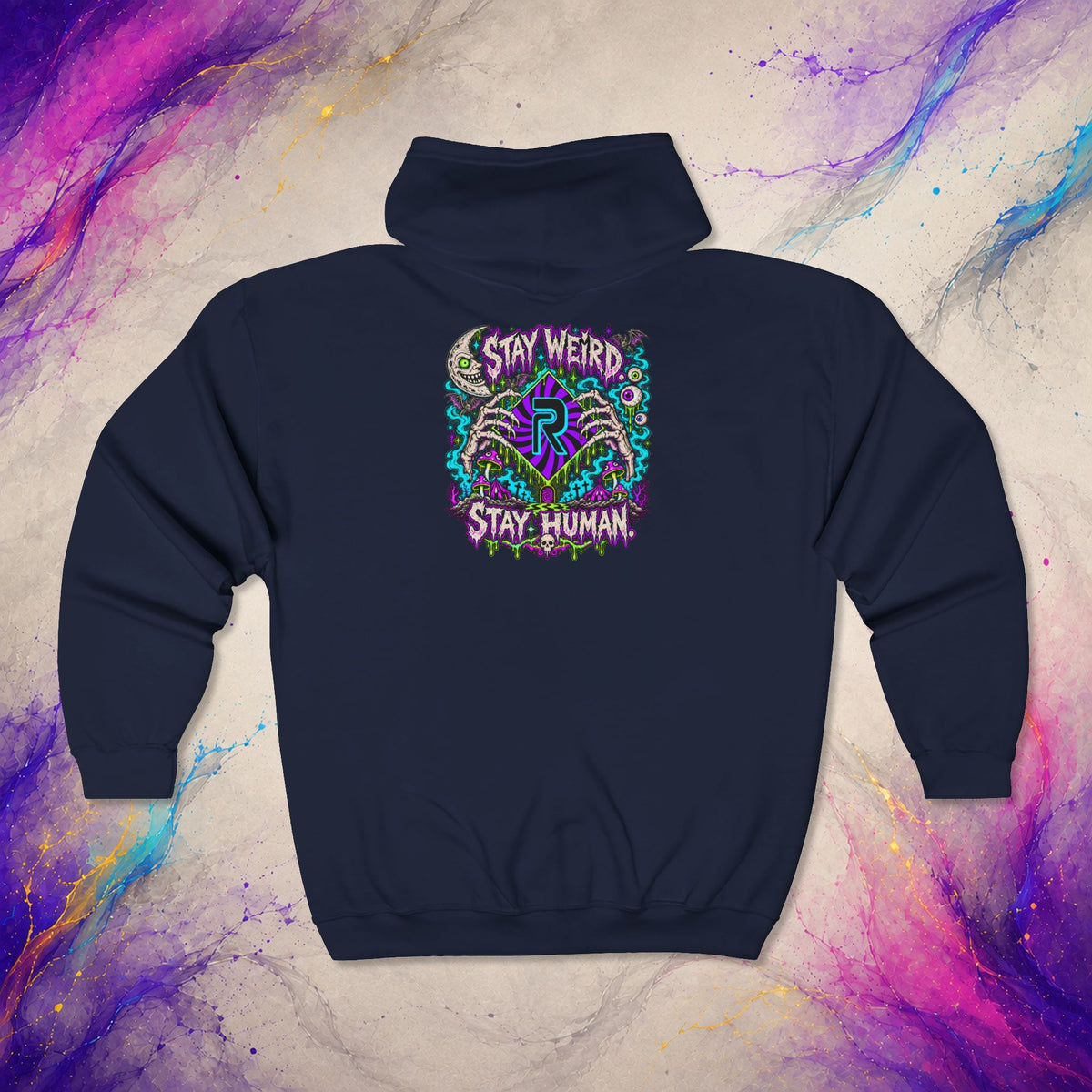 Stay Weird. Stay Human. Zip-Up | RINRON Original Graphic Hoodie