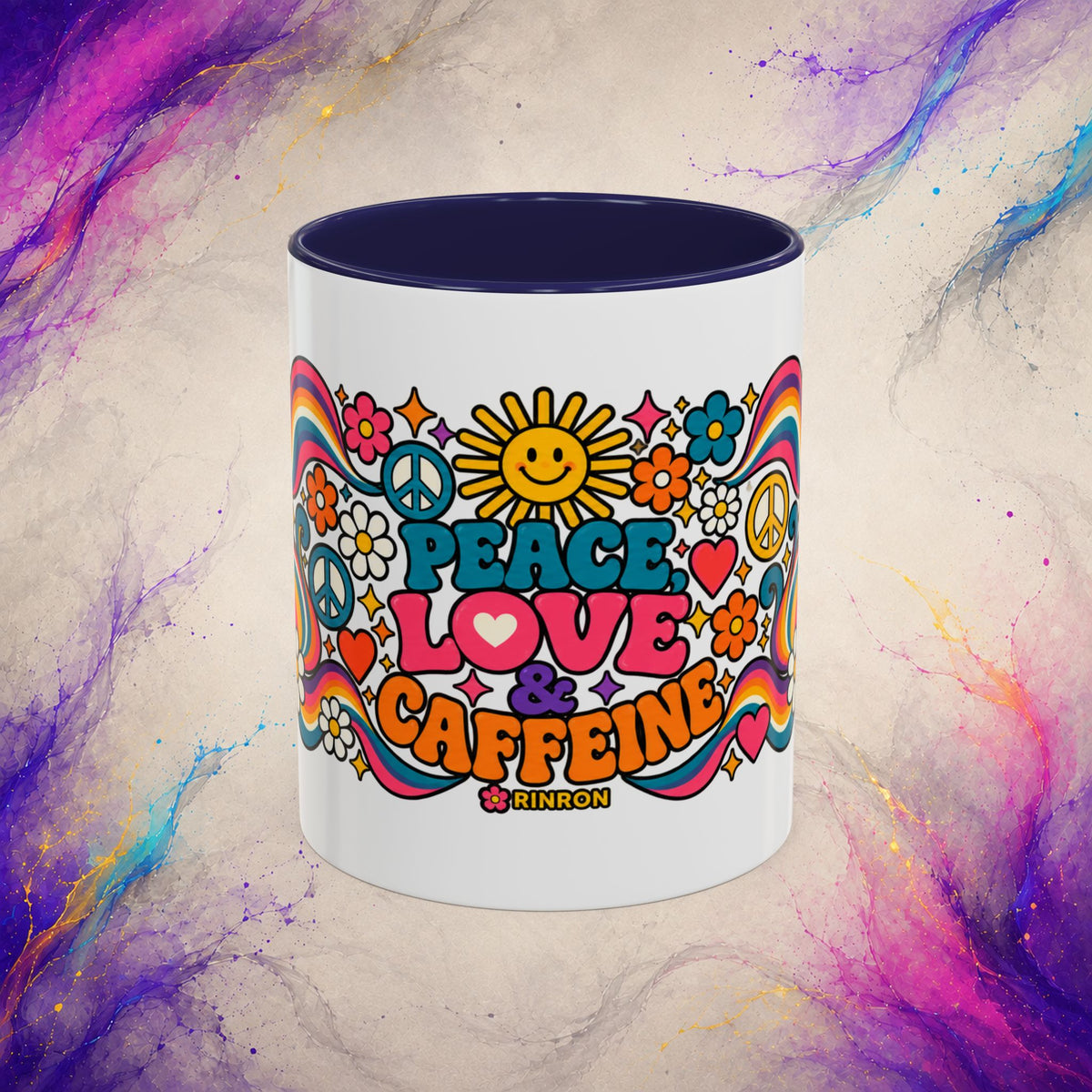 Peace Love & Caffeine Mug | Retro Hippie Coffee Cup