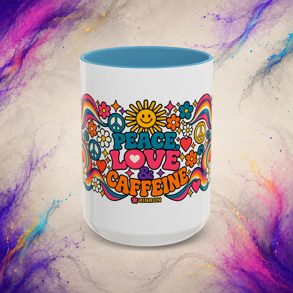 Peace Love & Caffeine Mug | Retro Hippie Coffee Cup