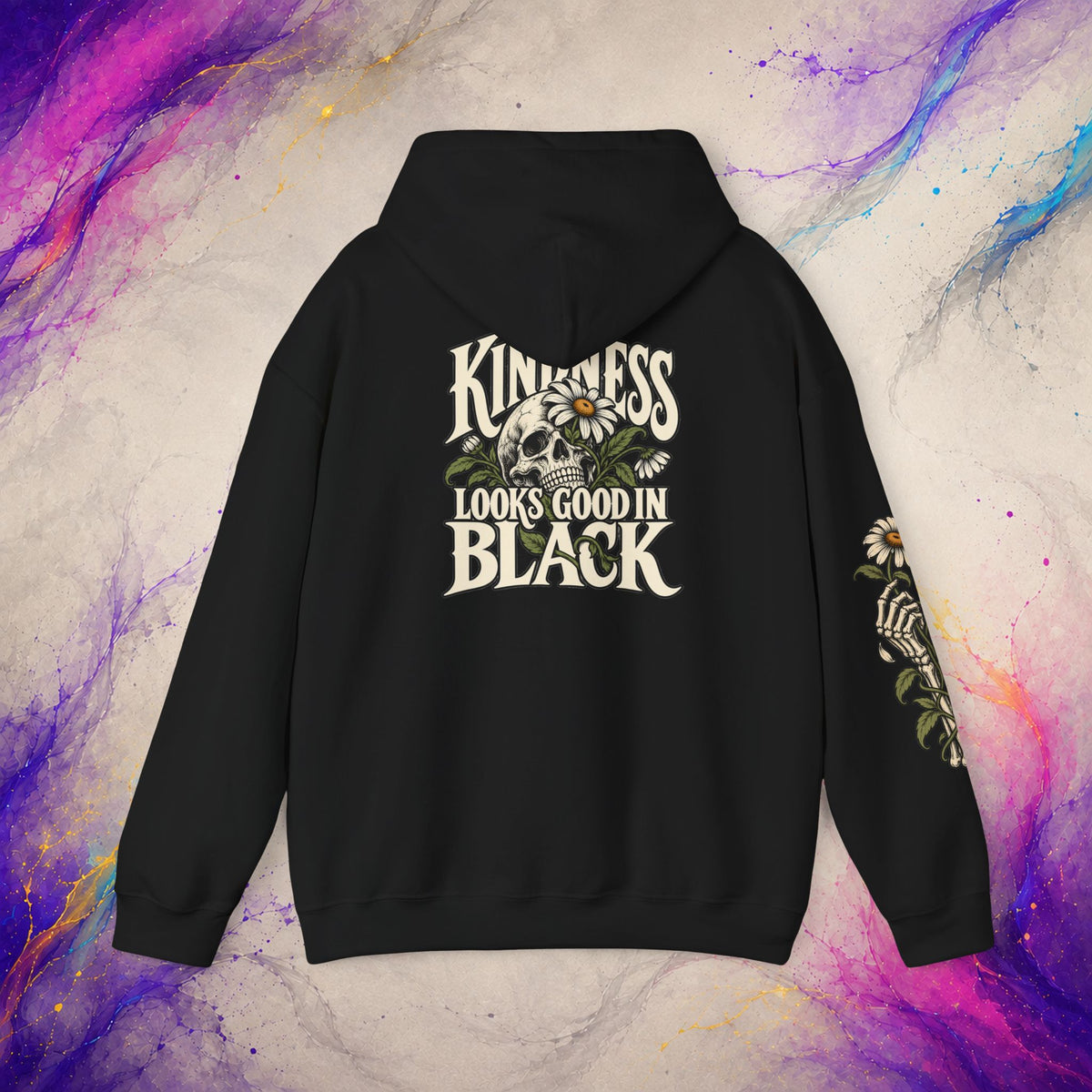 Kindness Looks Good In Black Pullover | Dark Floral Skull Hoodie