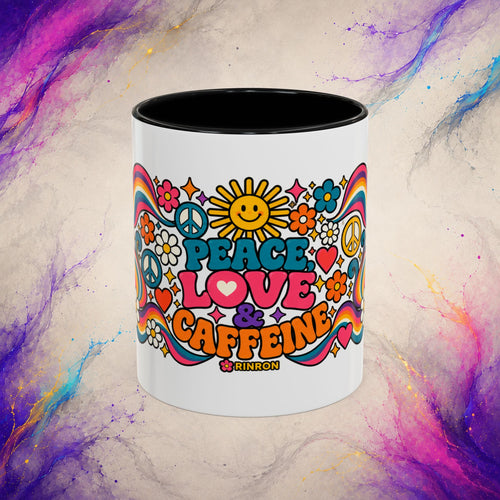 Peace Love & Caffeine Mug | Retro Hippie Coffee Cup